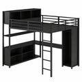 Hochbett 140x200 cm für Kinder mit Schreibtisch und Stauraum, Metallrahmen mit Kleiderschrank und Leiter, inklusive Lattenrost, ohne Matratze (Schwarz)