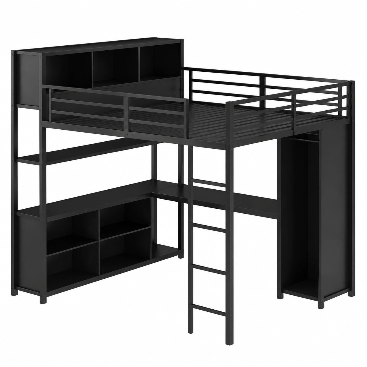 Hochbett 140x200 cm für Kinder mit Schreibtisch und Stauraum, Metallrahmen mit Kleiderschrank und Leiter, inklusive Lattenrost, ohne Matratze (Schwarz)