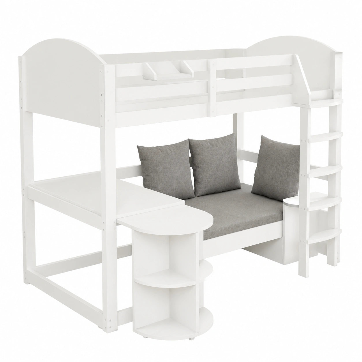 Multifunktionales Kinderhochbett mit Schreibtisch und Stauraum, 90x200 cm, Weiß