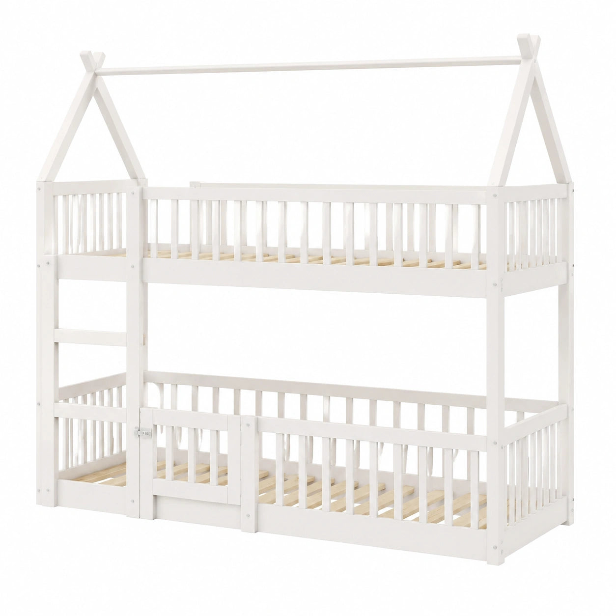 Robustes Etagenbett 140x200 cm aus Massivholz, Familien- und Spielbett für Kinder, Hochbett inklusive Lattenrost und Fallschutz in Weiß
