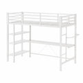 Metall Hochbett 90x200 mit LED, Steckdose und Schreibtisch, Weiß, inkl. Regale und Schubladen