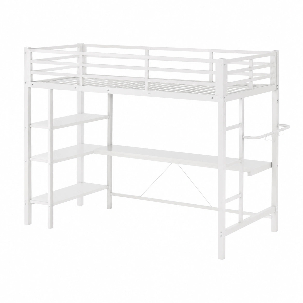 Metall Hochbett 90x200 mit LED, Steckdose und Schreibtisch, Weiß, inkl. Regale und Schubladen